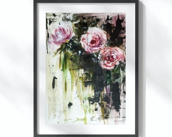 Hand Painted Roses, Original Art Pink Roses Painting, Roses Acrylic Painting, Abstract Flowers Painting, Original Roses Artwork