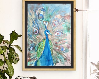 孔雀の絵画オリジナル、抽象的な孔雀のキャンバスウォールアート、大型