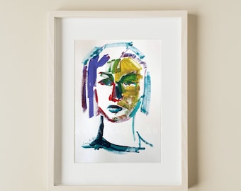 Original Abstract Woman Portrait Painting, Figurative Artwork Colorful Face Art