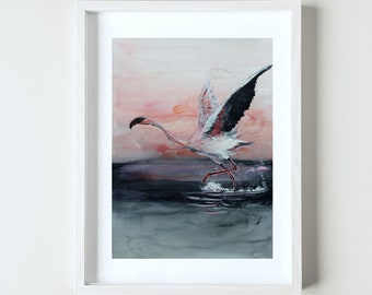 Peinture flamant rose, peinture originale d'oiseau, peinture aquarelle flamant rose, décoration flamant rose peinture aquarelle originale grande art mural flamant rose