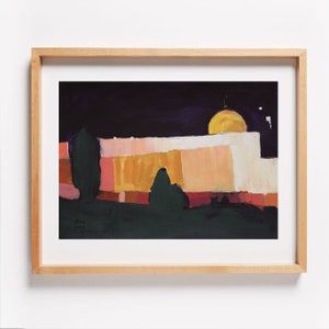 Modern Judaica Jerusalem old city original painting, Jerusalem at night art, Western wall art from Israel, Jewish art, Holy land painting