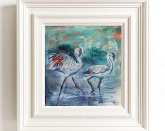 Original Aquarell Flamingo Gemälde, abstraktes Vogel Paar handgefertigtes Produkt