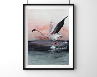 Watercolor Flamingo Painting Print: Pink Bird Wall Art