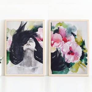 Aquarelle Painting Botanical Watercolor Portrait, Abstract Female Figure Art Original Watercolor Painting, Abstract Face Figurative Painting