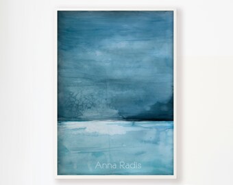 Abstract Blue Painting, Minimalist Landscape Blue Sky And Sea Painting, Original Abstract Large Watercolor Landscape Custom Artwork