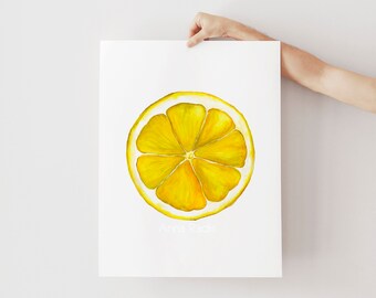 Lemon Watercolor Painting, Sliced Fruit Painting Print, Minimalist Fruit Watercolor Art, Painting Of Lemon, Minimalist Art For Kitchen