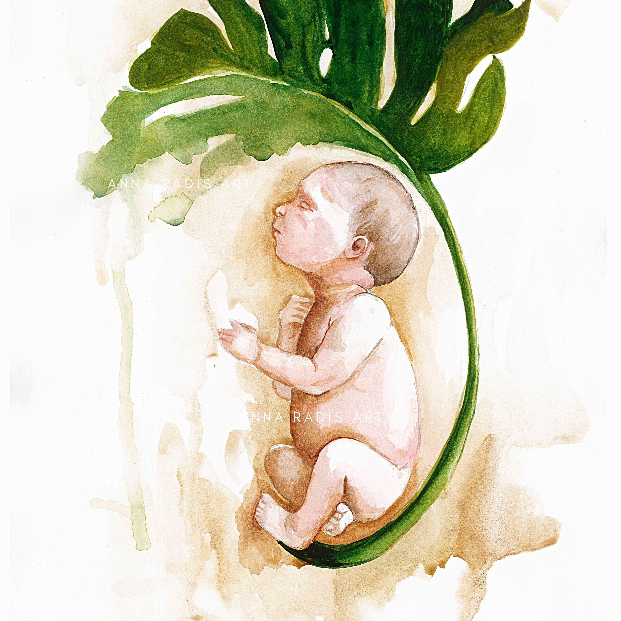 New Born Baby Hand Painted Watercolor Surrealistic Original