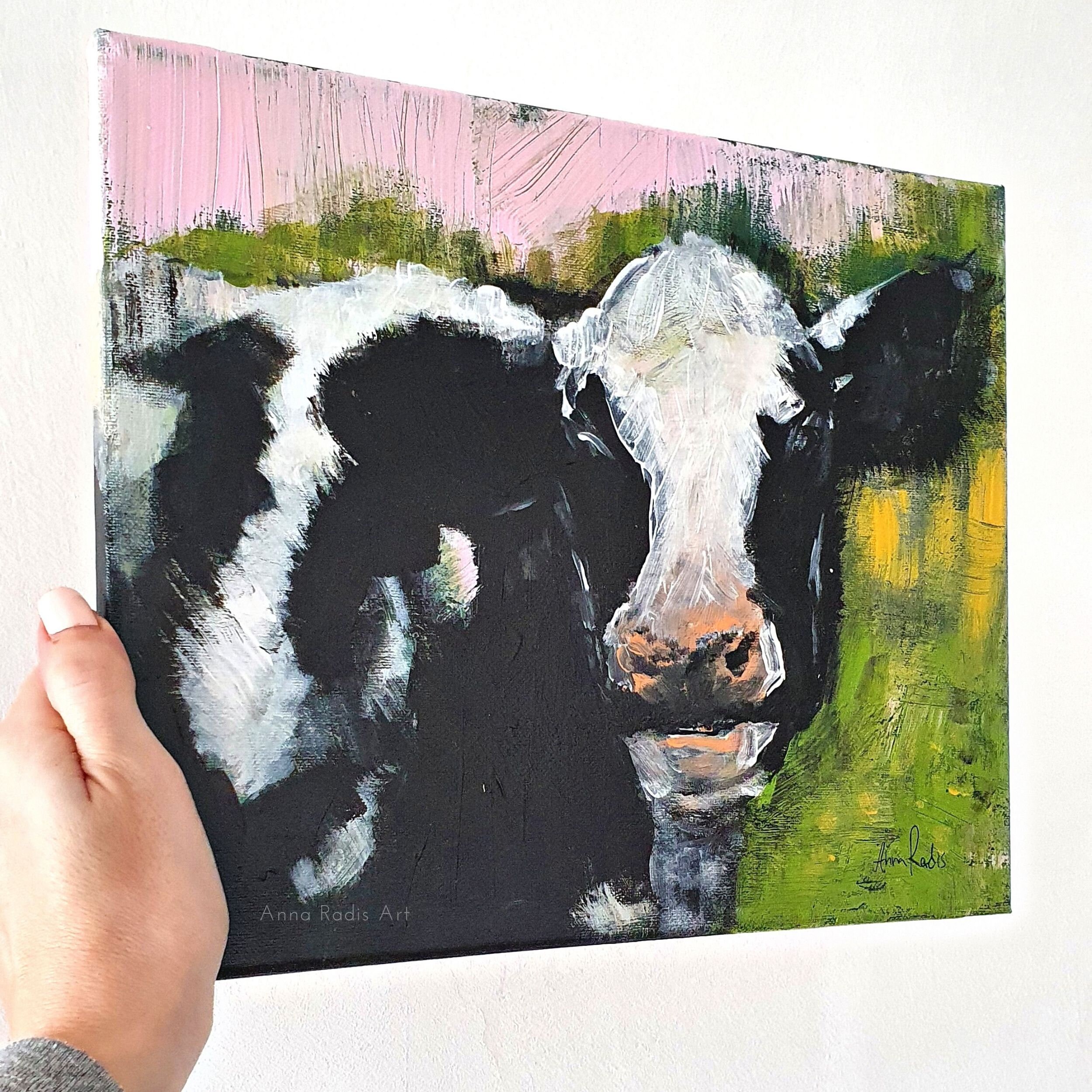 牛の絵画 小さなキャンバス：オリジナルアートワーク 動物の肖像画