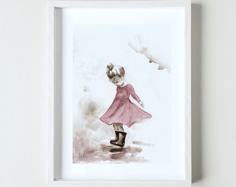 Tanzendes Mädchen im Regen Aquarell Druck: Kinderzimmer-Kunst