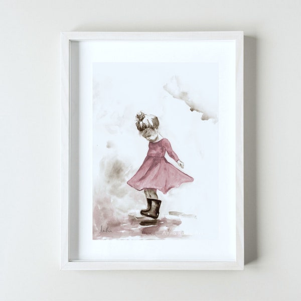 Peinture aquarelle petite fille, peinture aquarelle enfant dansant sous la pluie, décoration de chambre de petite fille, gravures petite fille, oeuvre d'art de la pluie enfant