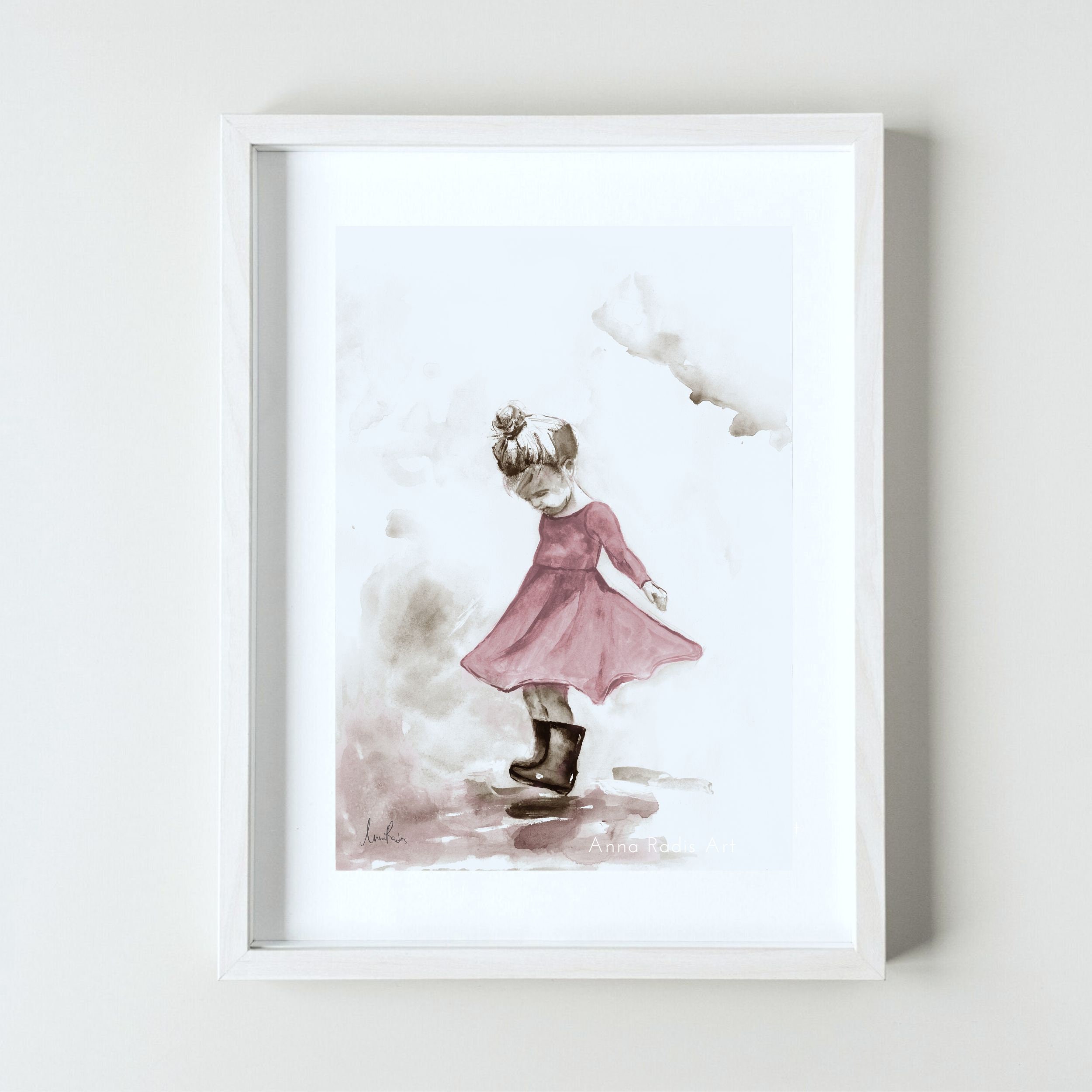 小さな女の子の水彩画、雨の中で踊る子供の水彩画、幼児の女の子