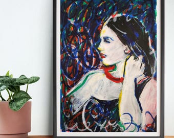 Hand Painted Abstract Woman Portrait: Gouache Neo-Expressionism Art