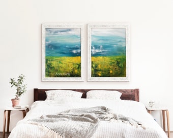 Green field and blue sky original landscape, Large painting set of 2, Horizontal abstract painting, abstract minimalist landscape painting