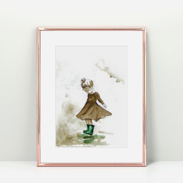 Toddler Girl Room Decor, Little Girl Wall Art, Vintage Little Girl Painting, Watercolor Print Girls, Little Girl Prints, Girls Rainboot Art