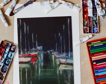Original Marina Acrylic Painting: Peaceful Night Seascape Art