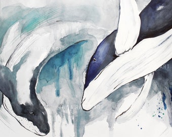 Whale Print, Watercolor Whale Painting, Underwater Painting Humpback Whale Art, Aquarelle Painting Whales, Abstract Whale Art Print