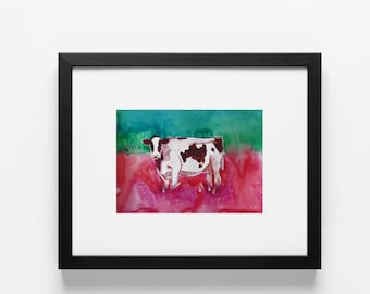 Original Aquarell Kuh Malerei, bunte expressionistische Kunst