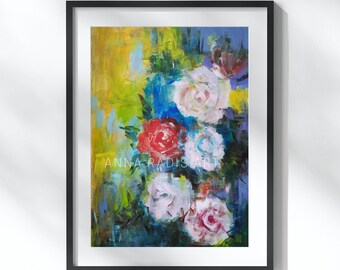 Hand Painted Roses, Original Roses Painting, Impressionist Roses, Abstract Roses Artwork, Painting of White Roses, Colorful Roses Art