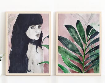 Set mit 2 Aquarellgemälden: Frauenporträt, grüne Blätter - jeweils 35 x 50 cm ohne Rahmen Papierkunst