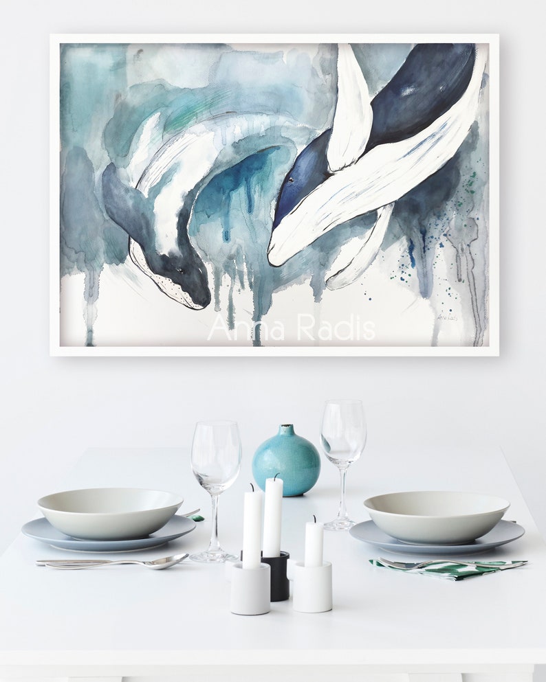 Blue whales couple painting Watercolor whales original Etsy