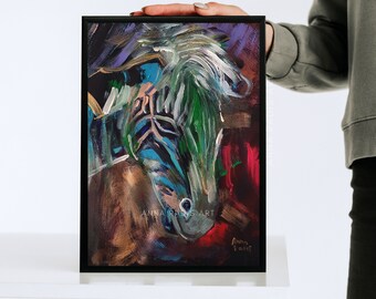 シマウマの絵画。オリジナルアクリル画。ArtSeaGlassEcoShop。植物の