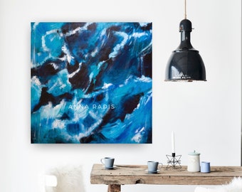 Blue abstract art original painting, Large acrylic  painting on canvas, Square abstract large ocean art, Abstract painting of waves painting