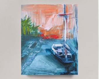 Original Miniature Painting Sailboat In Sea: Impressionism Art Mini Colorful Seascape Artwork