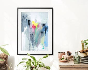 Watercolor large abstract minimalist art painting, original aquarelle art gray painting, watercolor grey blue yellow wall art by Anna Radis