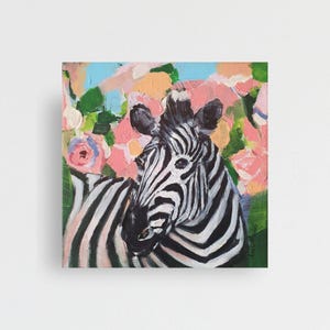 Zebra Painting on Canvas, Original Zebra Art, Small Square Zebra Artwork, Colorful Zebra Portrait Painting, Botanical Zebra Wall Art