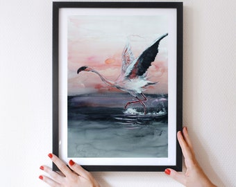 Pink Flamingo Painting, Flamingo Watercolor Print, Original Bird Painting Flamingo Art, Bird Artwork, Aquarelle Painting Bird Print