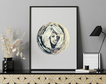 Abstract Face Original Figurative Painting: Black and White Round Wall Art Female Portrait