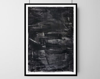 Japandi Wall Art Monochrome Abstract Painting: All Black Minimalism Artwork on Paper