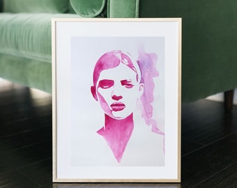 Aquarelle pink women face portrait painting, watercolor abstract pink painting of woman, Minimalist face painting, Original girl painting