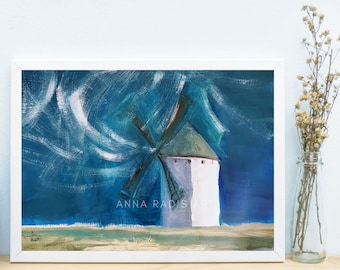 Mykonos Windmill Acrylic Painting, Greek Landscape Art