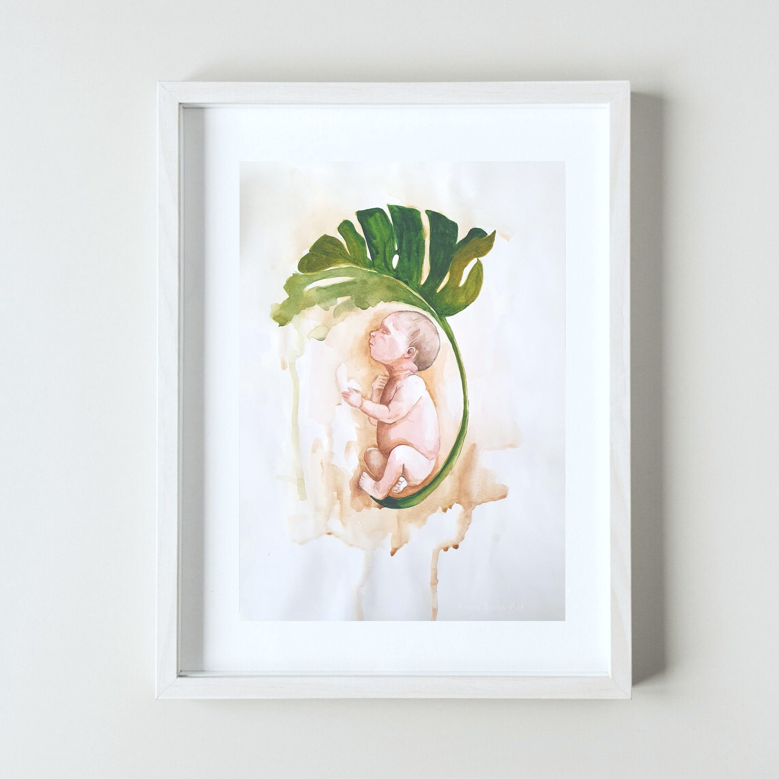 New Born Baby Hand Painted Watercolor Surrealistic Original