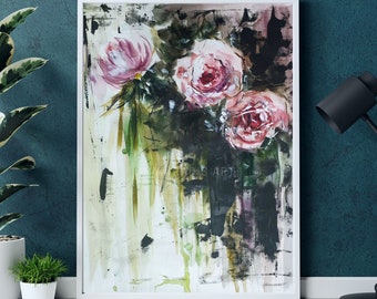 Original Artwork Abstract Flowers Painting, Floral Watercolor Original Wall Art, Botanical Painting Floral Art Roses and Green Leaves