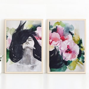 Original Portrait Painting Figurative Art, Large Watercolor Feminine Abstract Face Art Expressive Watercolor Portrait Two-Piece Wall Decor