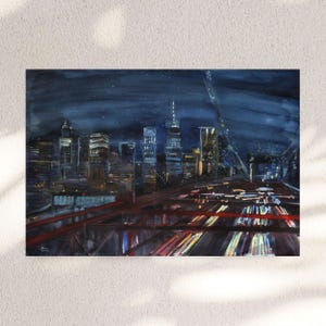Night City Skyline New York Painting, New York City Watercolor Painting, Urban Art Watercolor, Skyline At Night Brooklyn Bridge Painting