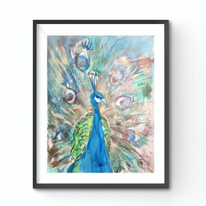 孔雀の油絵 オリジナルブルーバードアート 日本の壁アート 抽象
