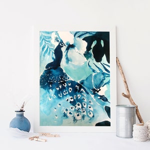 Watercolor Painting Peacock Print, Abstract Peacock Bird Painting, Blue Peacock Wall Art Aquarelle Painting, Watercolor Peacock Art Print