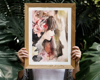 Abstrakte Aquarell Porträtmalerei: Frau Profil Kunst, figuratives handgemachtes Produkt
