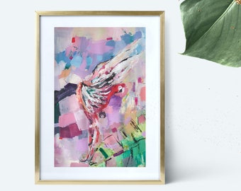 Parrot Original Acrylic Painting Red Ara Macao, Tropical Flying Parrot Painting Original Art, Colorful Tropical Bird One Of A Kind Artwork
