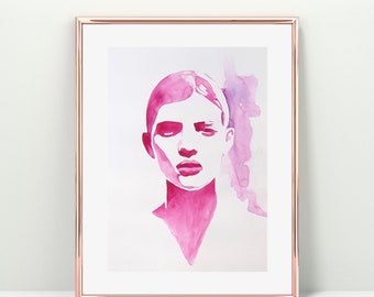 Original Aquarell Malerei Abstrakte Frau Porträt: Minimalistische rosa Silhouette expressionistische Kunst