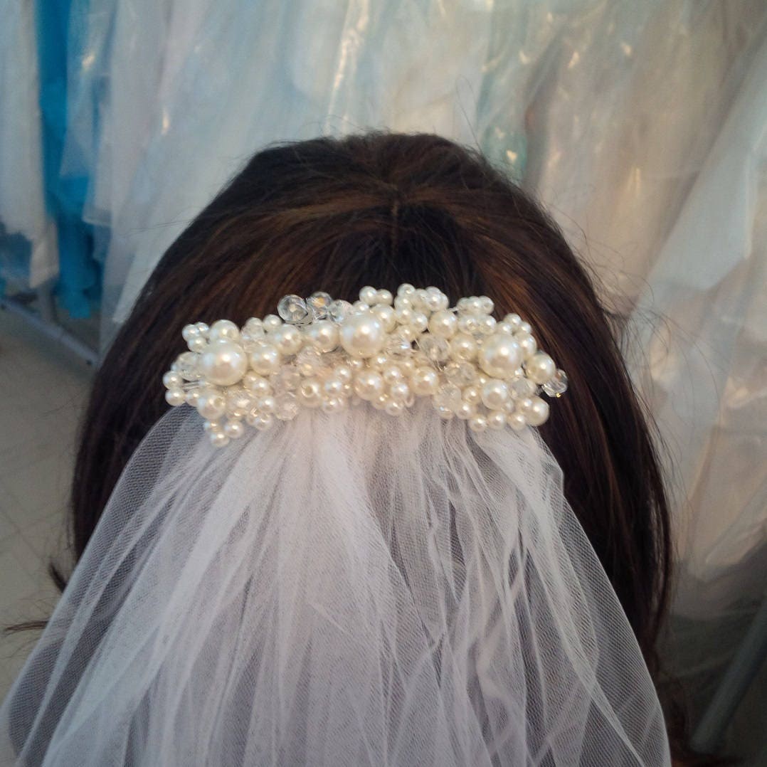 Two Tier Satin Edged Veil WHITE or IVORY FIRST COMMUNION RHINESTONE PEARL BAND 