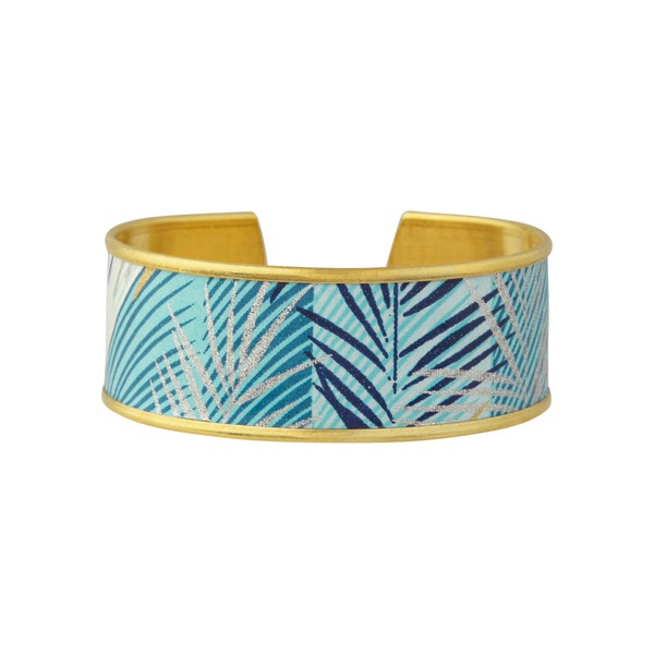 Bracelet manchette laiton et papier japonais à motifs feuilles bleues et dorées