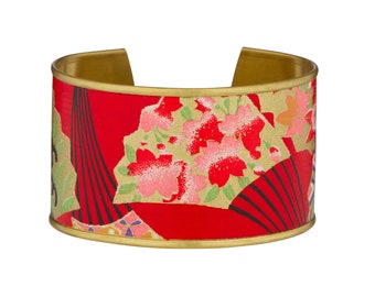 Bracelet manchette laiton et papier japonais rouge et doré à motifs