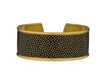 Brass cuff bracelet and black Japanese paper with golden polka dots