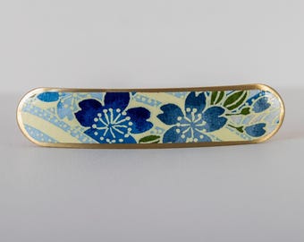 Blue flower pattern steel barrette | Japanese washi paper | Handmade hair accessory | Elegant women's gift