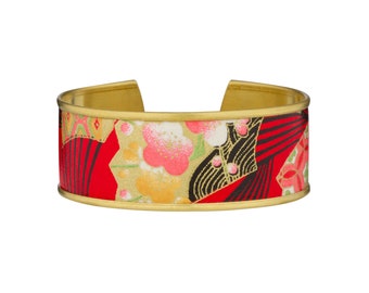 Bracelet manchette laiton et papier japonais rouge et doré à motifs