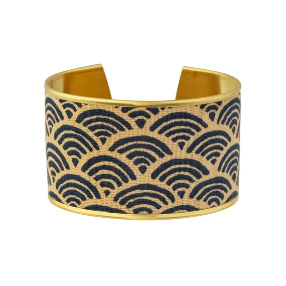 Brass Cuff Bracelet and Japanese Fabrics Small Blue Waves on - Etsy
